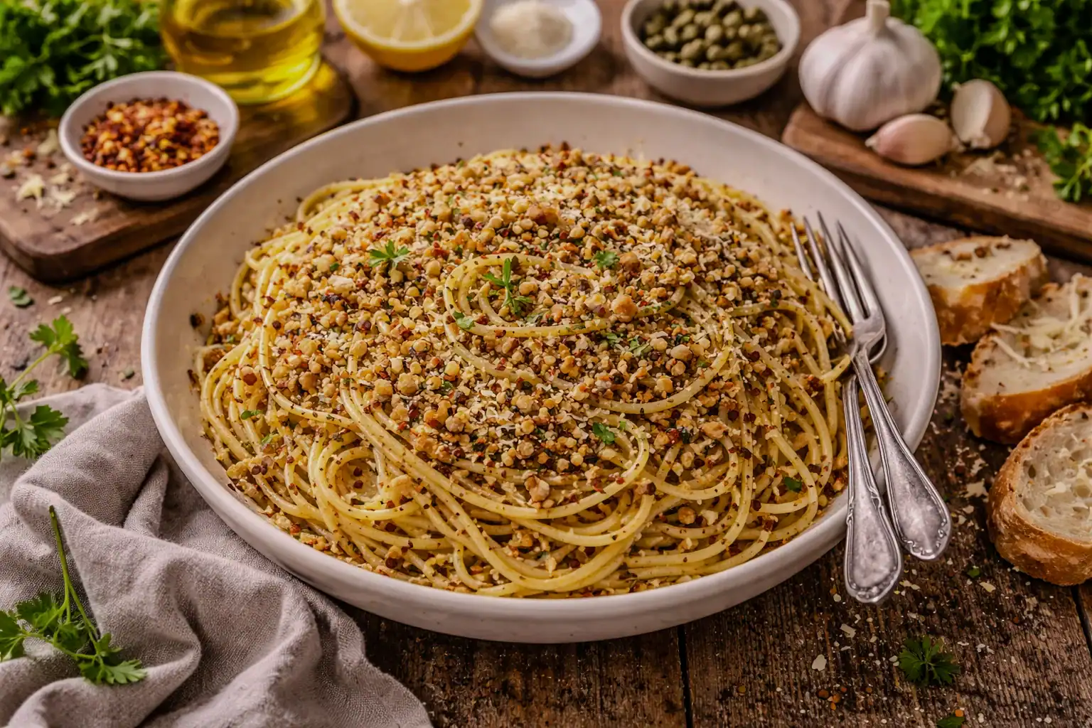 Plate of walnut breadcrumb pasta served on a rustic wooden table with garlic, olive oil, herbs, and bread in the background.