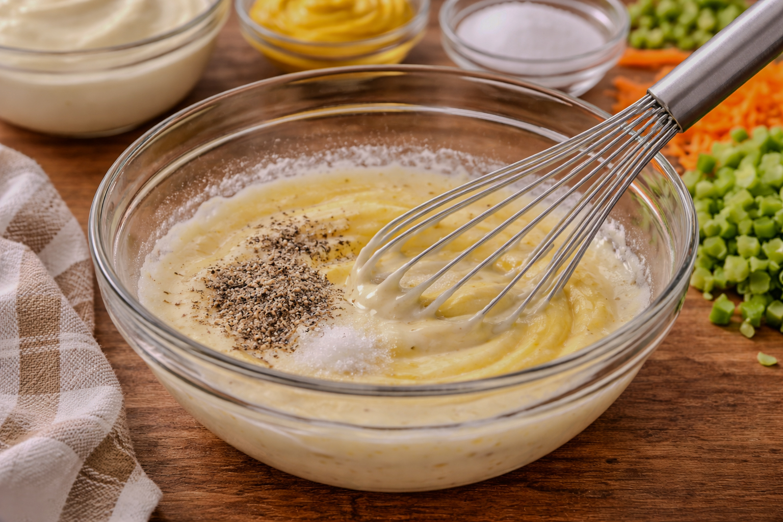 Mayonnaise, mustard, vinegar, sugar, salt, and pepper being whisked together in a glass bowl to make a creamy macaroni salad dressing.