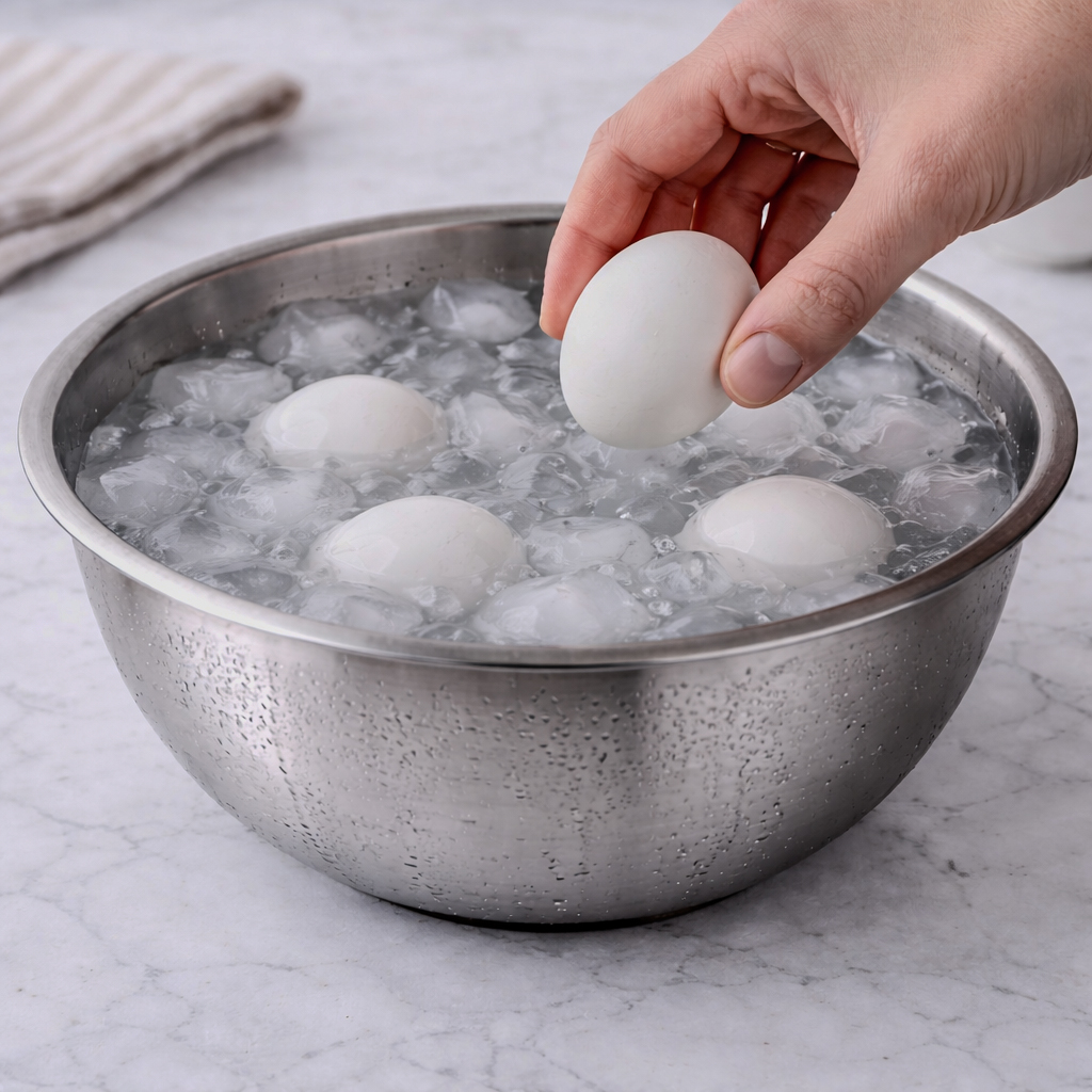 Hand placing boiled eggs into a stainless steel bowl filled with ice water to cool.