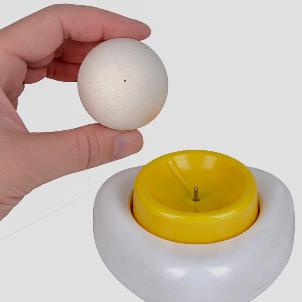 Hand holding an egg above a yellow egg poker used to pierce the shell before boiling.