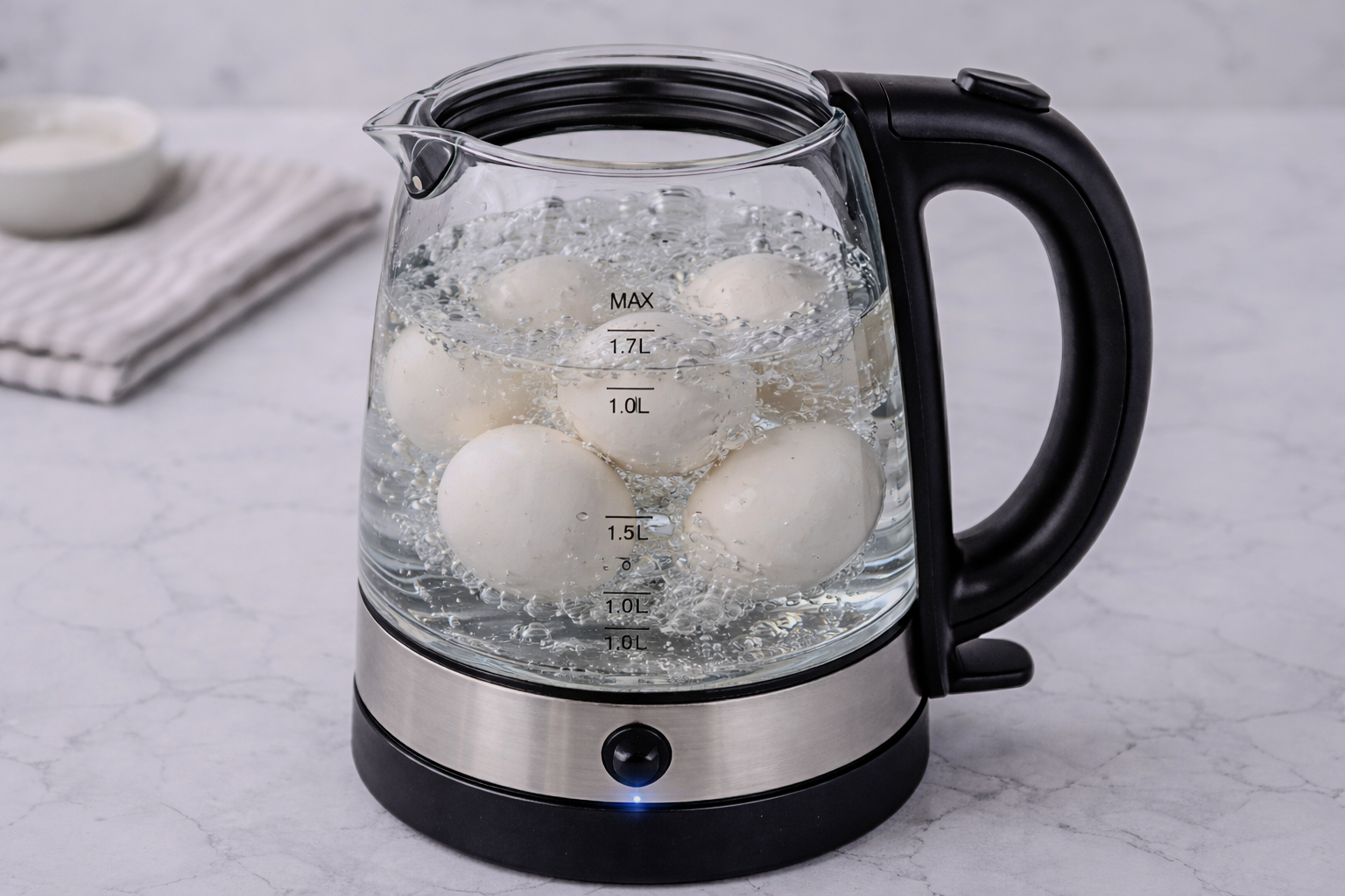 Glass electric kettle at a rolling boil with several eggs submerged in the bubbling water.