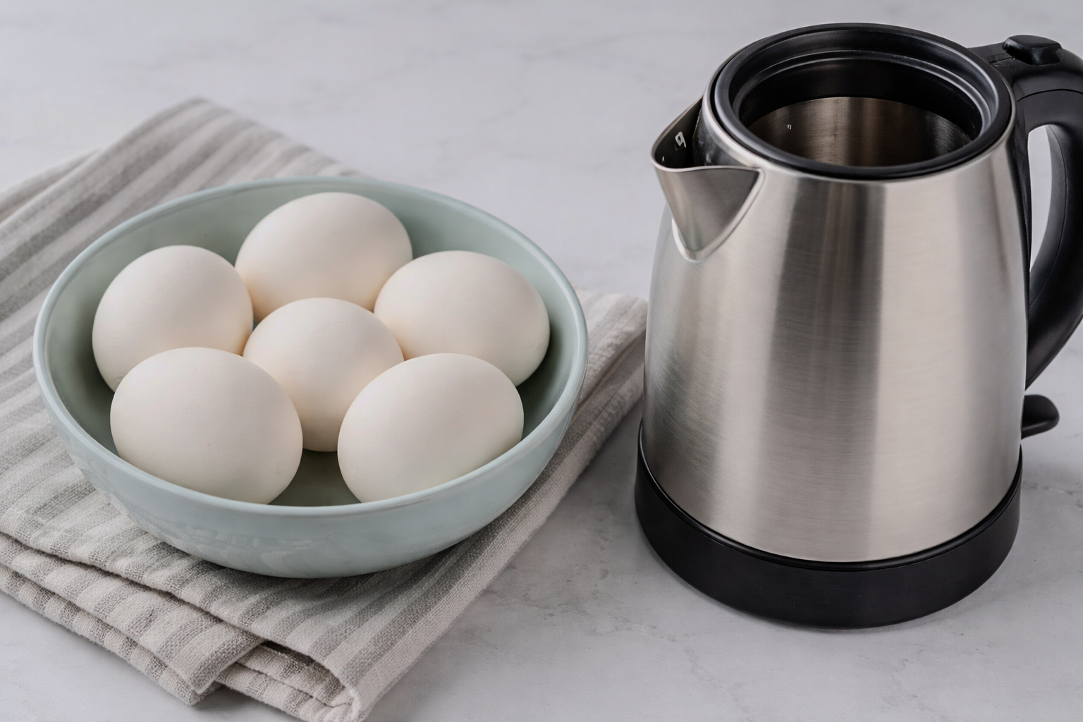Six raw eggs in a ceramic bowl next to an empty stainless steel electric kettle on a kitchen counter.