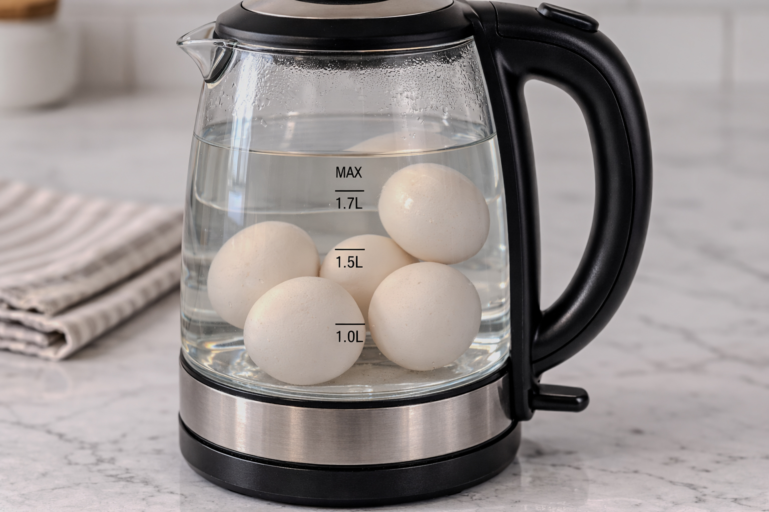 Glass electric kettle filled with hot water and eggs resting inside after boiling on a kitchen countertop.