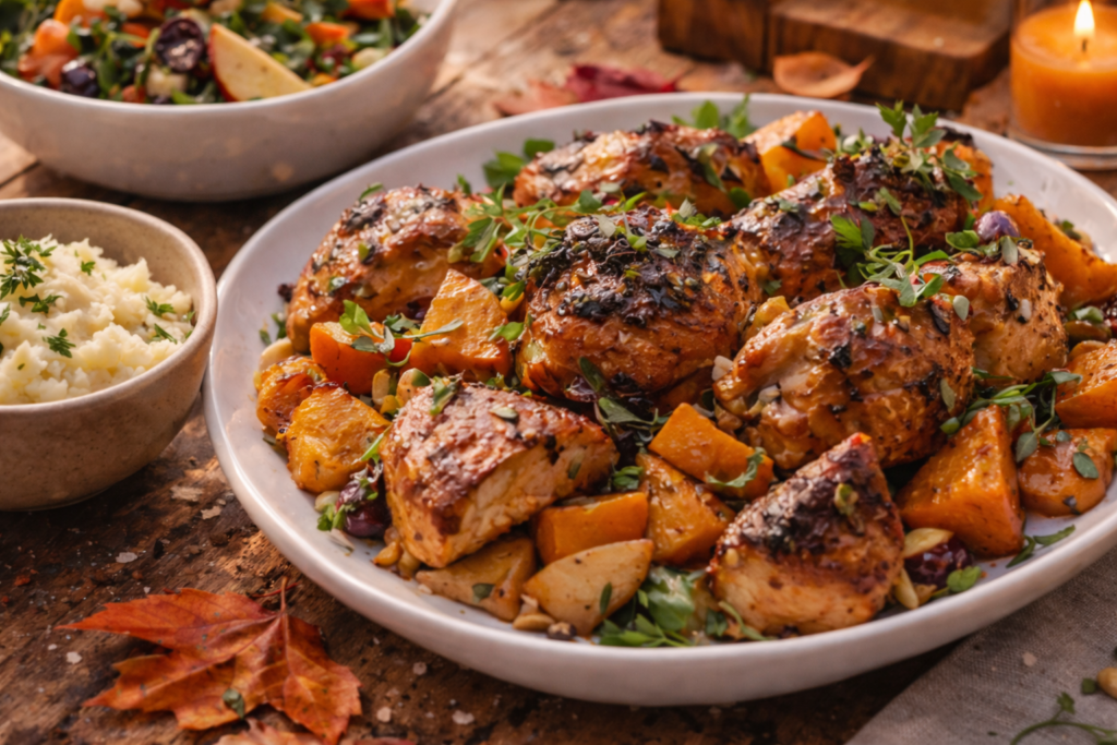 Fall recipe collection with roasted vegetables, savory pork and sausage dishes, and easy comfort meals for cooler evenings.