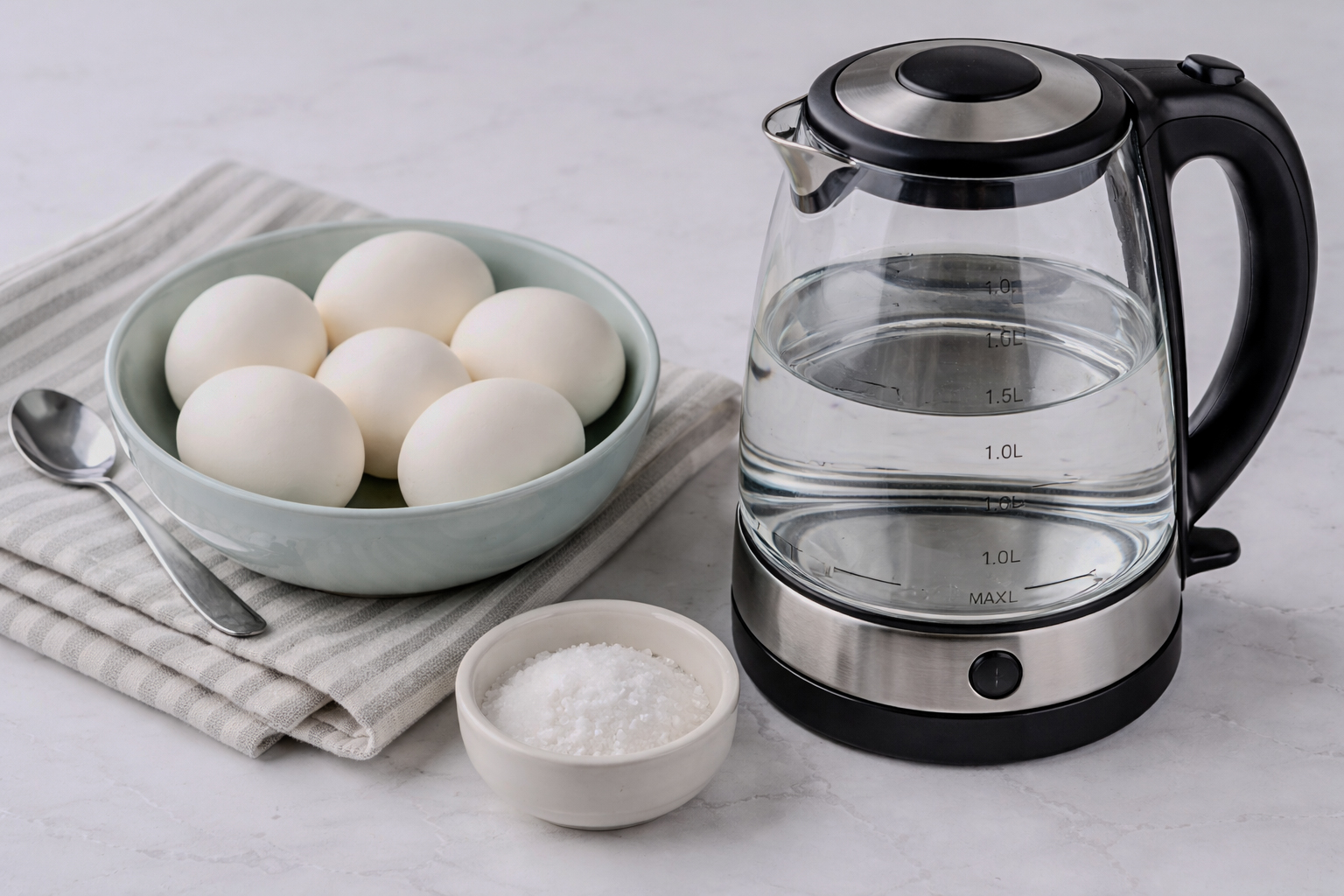 Glass electric kettle with water beside a bowl of raw eggs and a small bowl of salt on a kitchen counter.