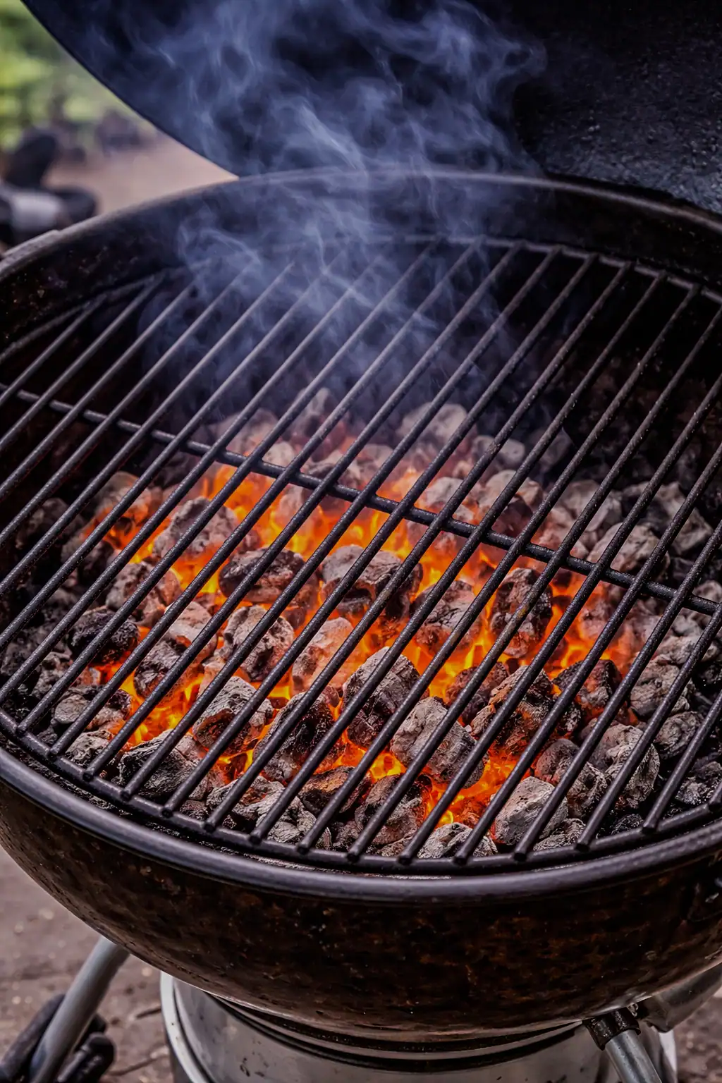 Charcoal grill preheating with glowing hot coals and light smoke rising beneath the grill grates