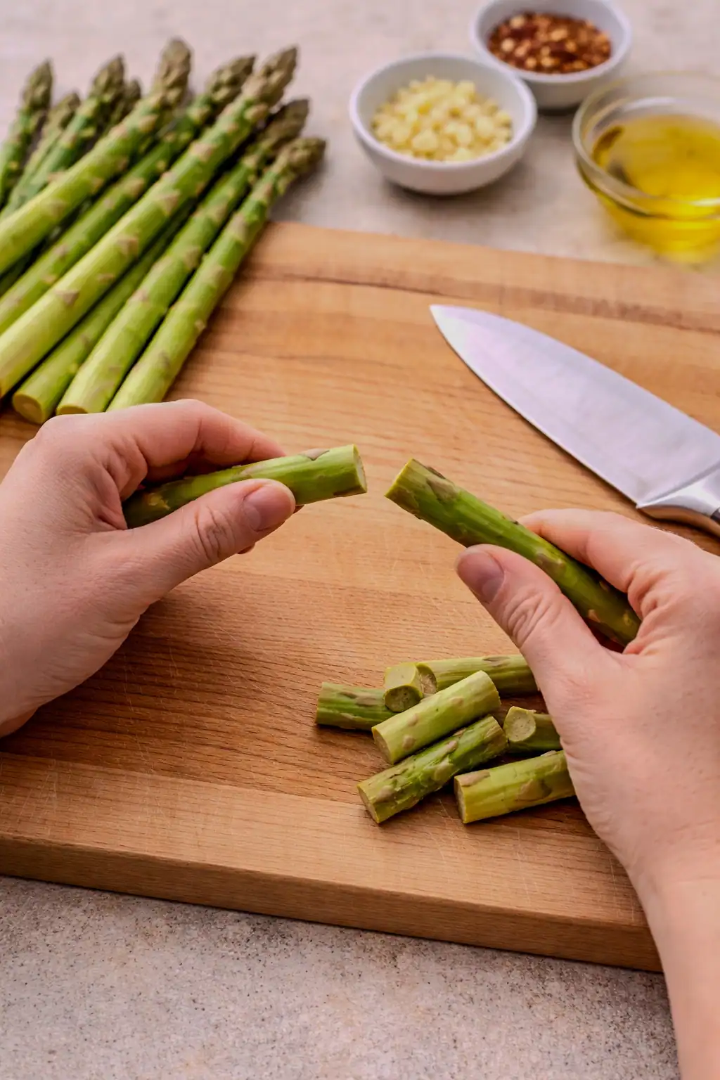 Hands snapping the woody ends off fresh asparagus on a cutting board, with trimmed pieces and ingredients nearby