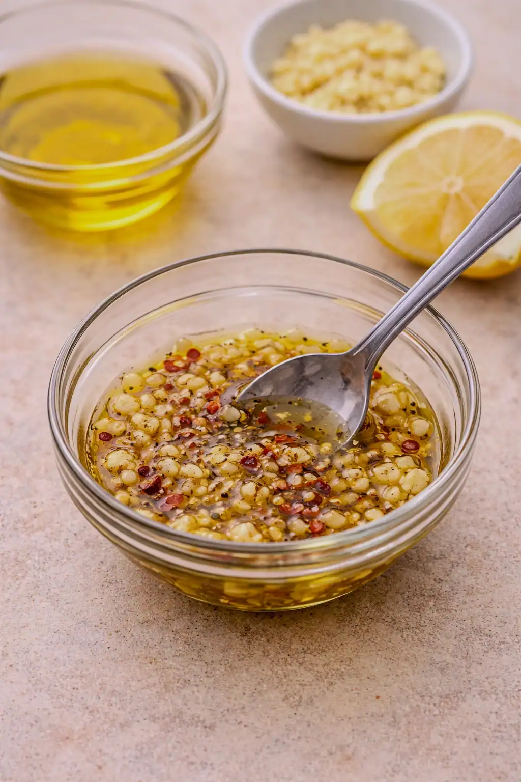 Small bowl of olive oil mixed with minced garlic, lemon juice, and red pepper flakes, being stirred on a countertop