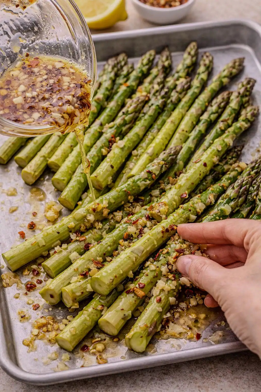 Asparagus spears on a tray being coated with olive oil, garlic, lemon, and red pepper flakes mixture before grilling