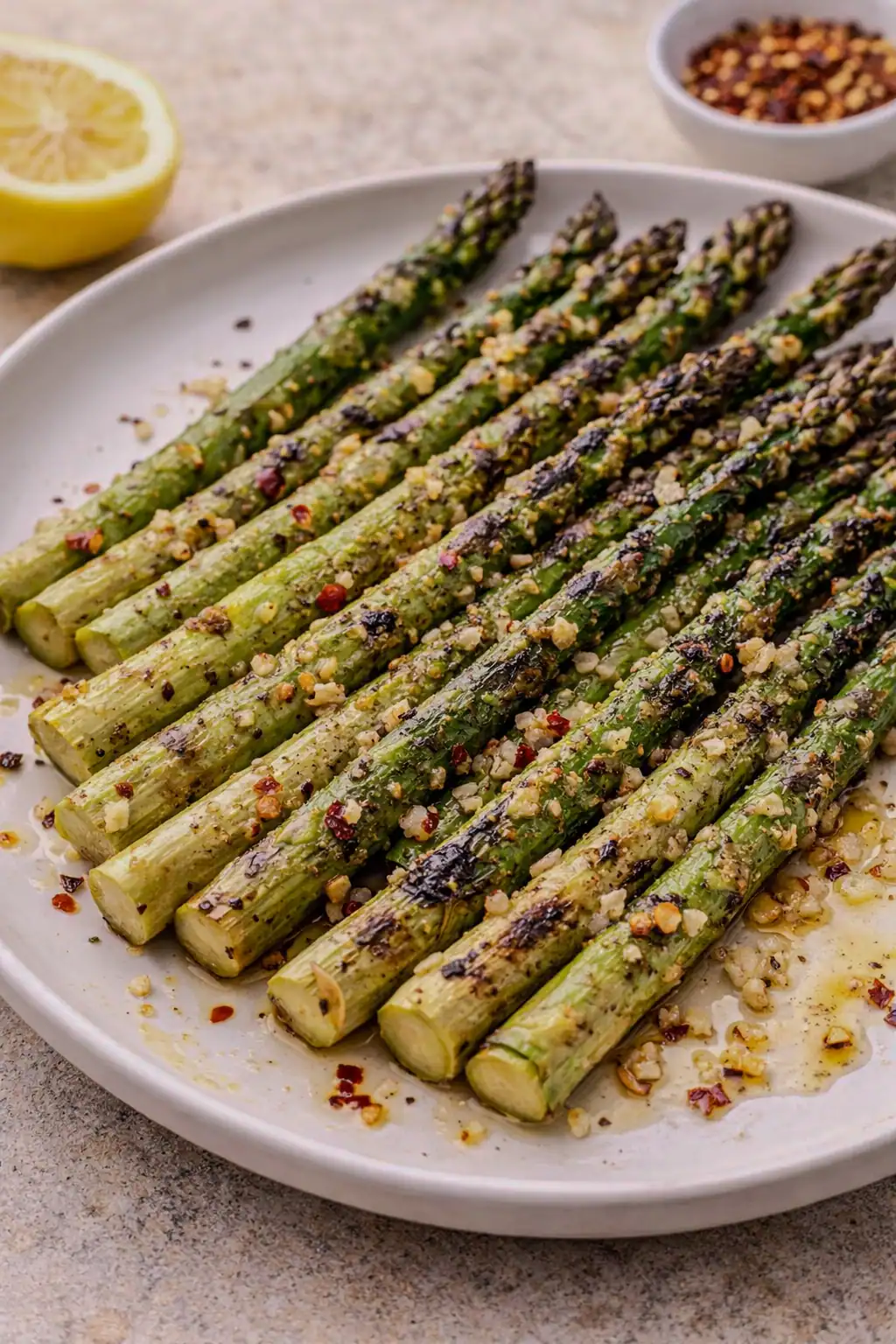 Grilled asparagus plated and finished with olive oil, garlic, and red pepper flakes, ready to serve