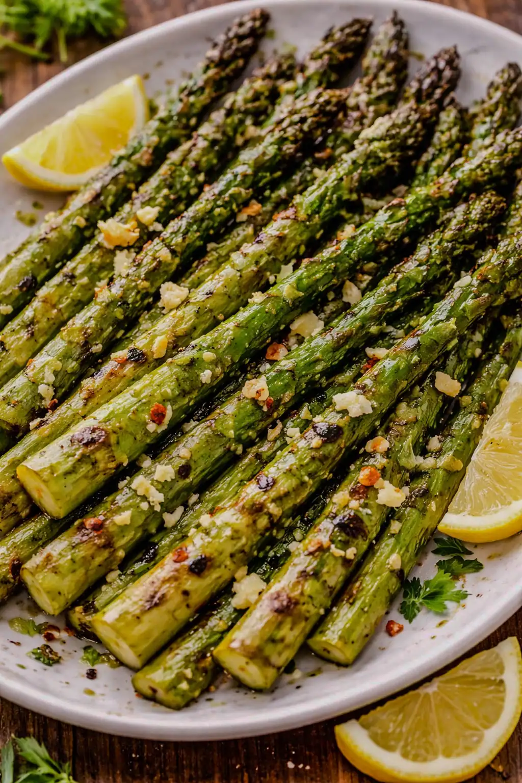 Grilled asparagus with olive oil, garlic, and lemon on a white plate with light char