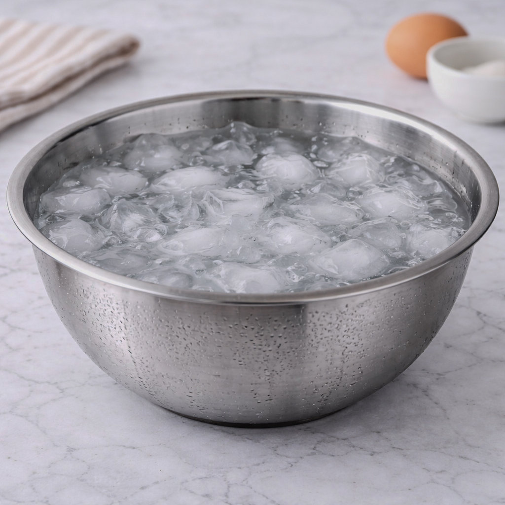 Stainless steel bowl filled with ice water used as an ice bath on a kitchen countertop.