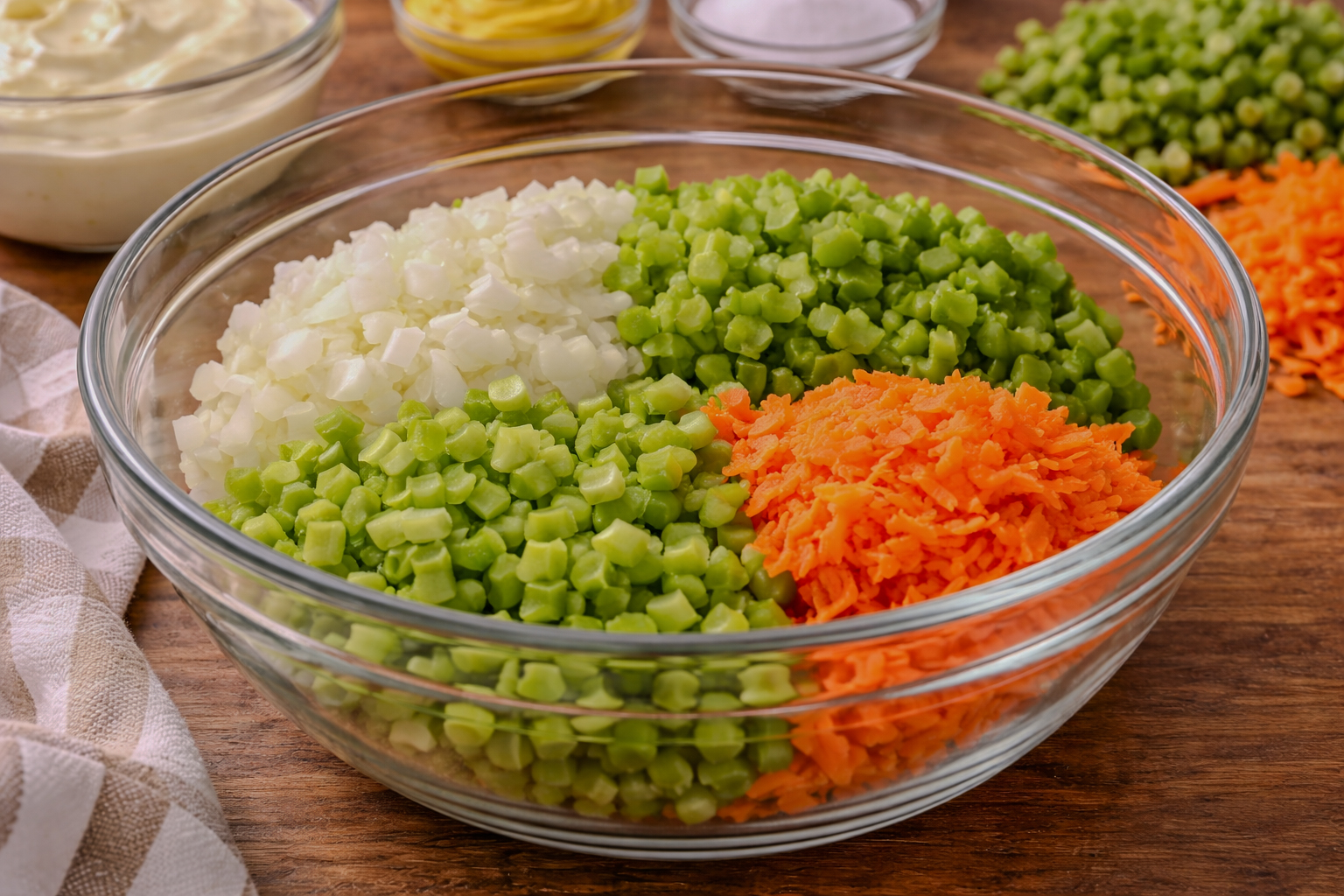 Chopped onion, diced celery, chopped green bell pepper, and grated carrots added to a large glass mixing bowl on a wooden countertop.