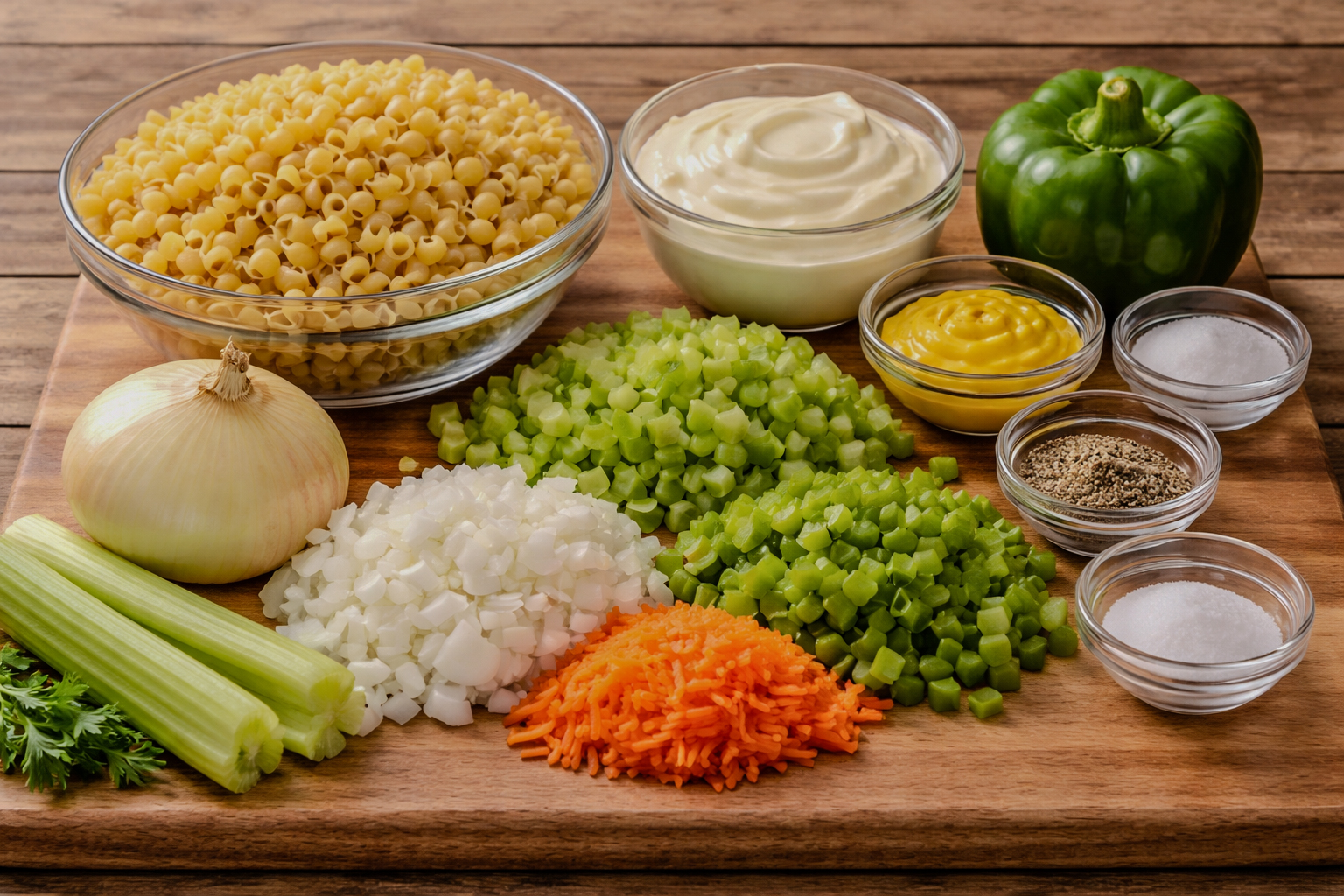 Macaroni salad ingredients arranged on a wooden cutting board including shell pasta, mayonnaise, mustard, vinegar, sugar, chopped onion, celery, green bell pepper, grated carrots, salt, and black pepper.