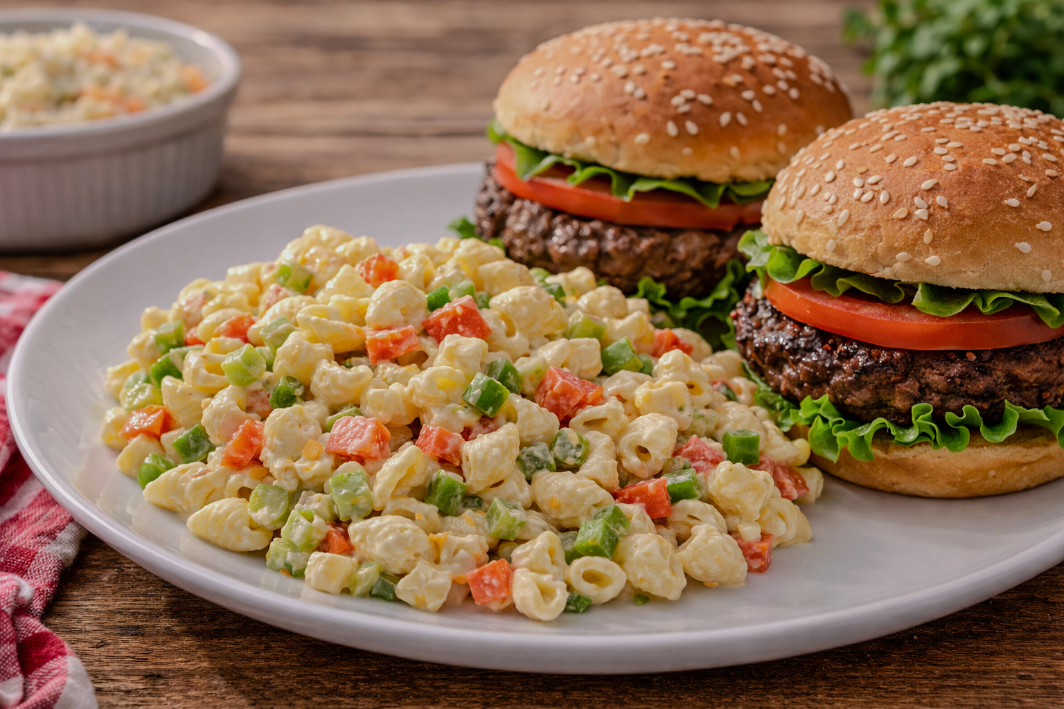 Creamy macaroni salad with shell pasta, bell peppers, and peas served on a plate next to two grilled cheeseburgers with lettuce and tomato on a wooden table.