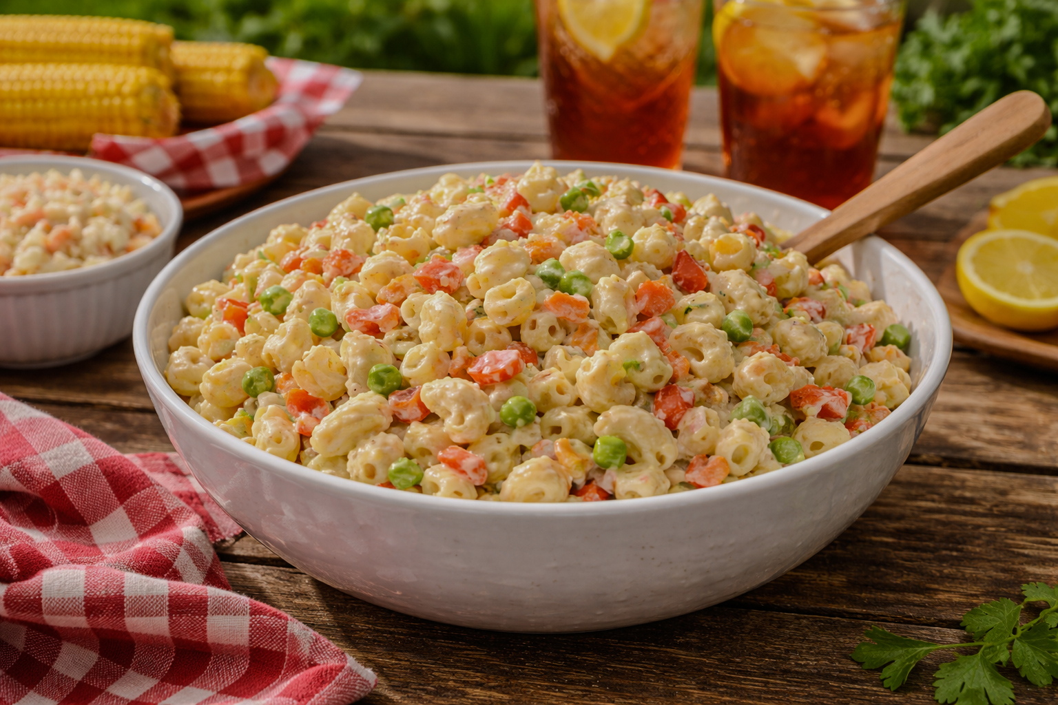 A bowl of creamy macaroni salad with shell pasta, diced bell peppers, peas, and carrots sitting on a wooden picnic table with a red checkered cloth and summer picnic foods in the background.