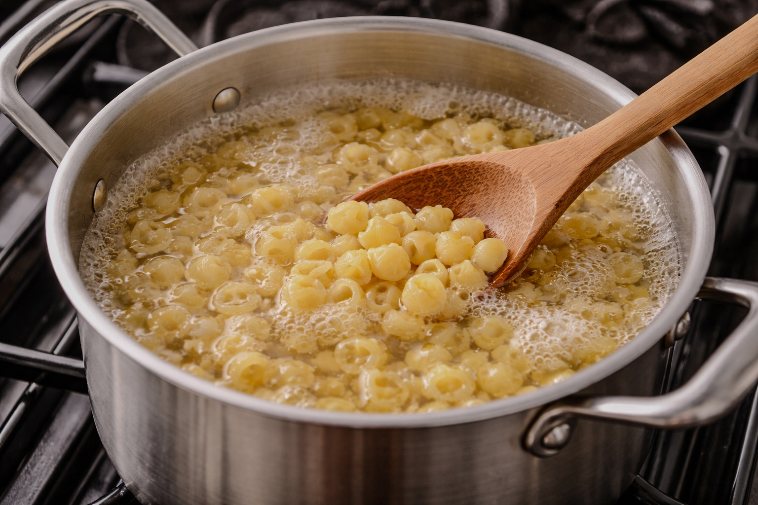 Shell pasta cooking in a pot of boiling water on a stovetop while being stirred with a wooden spoon.