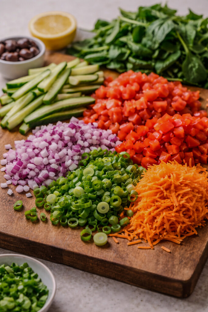 Chopped Mediterranean vegetables arranged in piles on a wooden cutting board, including cucumbers, tomatoes, red onion, scallions, shredded carrots, and spinach.