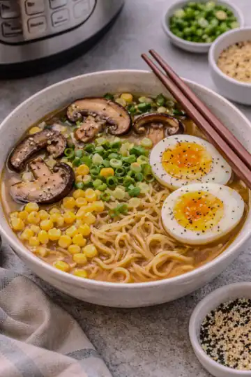Instant Pot miso ramen with noodles, soft-boiled egg, mushrooms, corn, and scallions in a rich broth