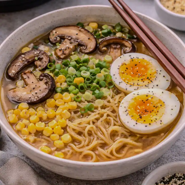 Instant Pot miso ramen with noodles, soft-boiled egg, mushrooms, corn, and scallions in a rich broth