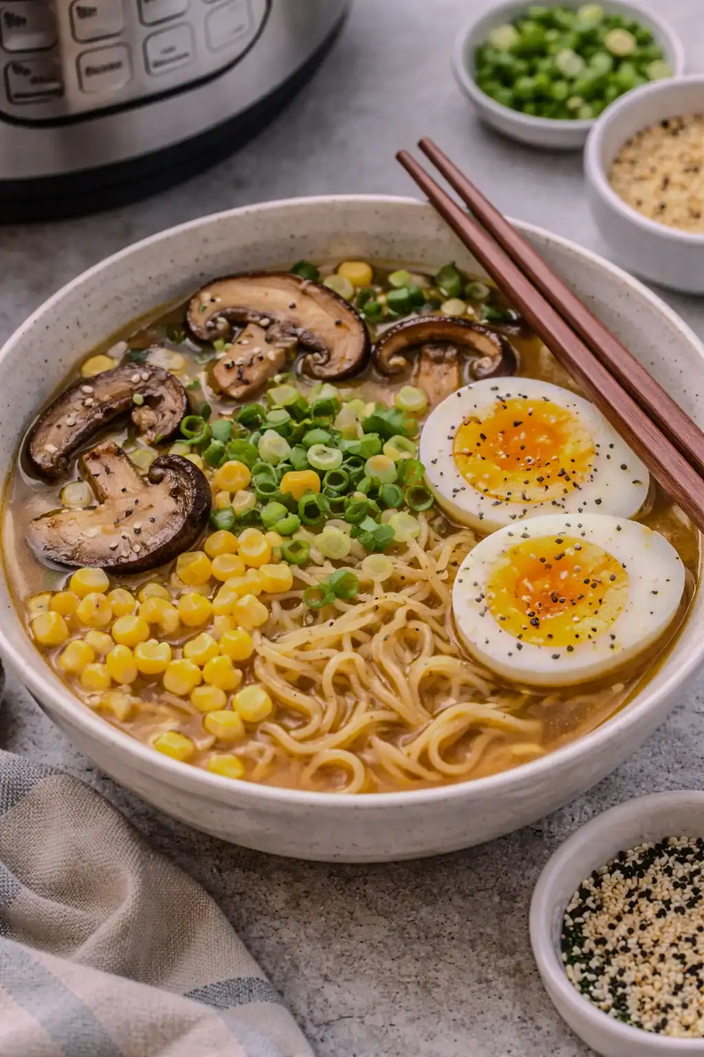 Instant Pot miso ramen with noodles, soft-boiled egg, mushrooms, corn, and scallions in a rich broth