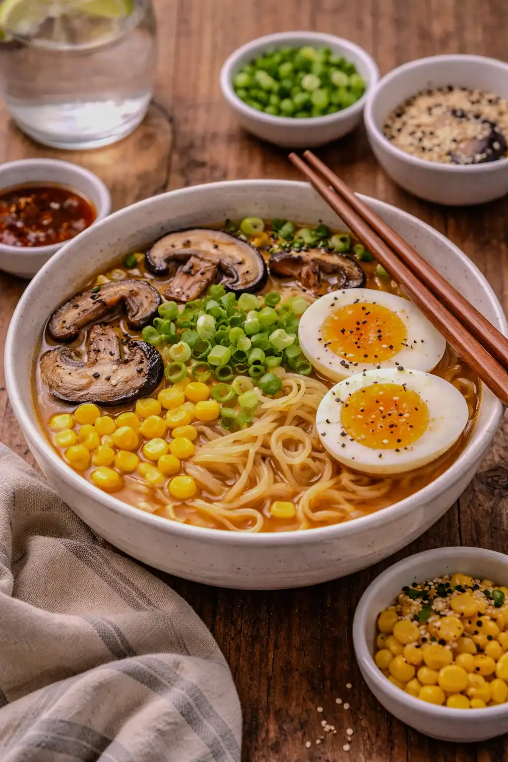 Bowl of miso ramen on a wooden table with noodles, soft-boiled egg, mushrooms, corn, and scallions