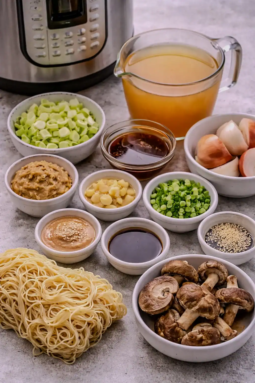 Miso ramen ingredients on a counter with Instant Pot, including broth, mushrooms, miso paste, garlic, ginger, and noodles