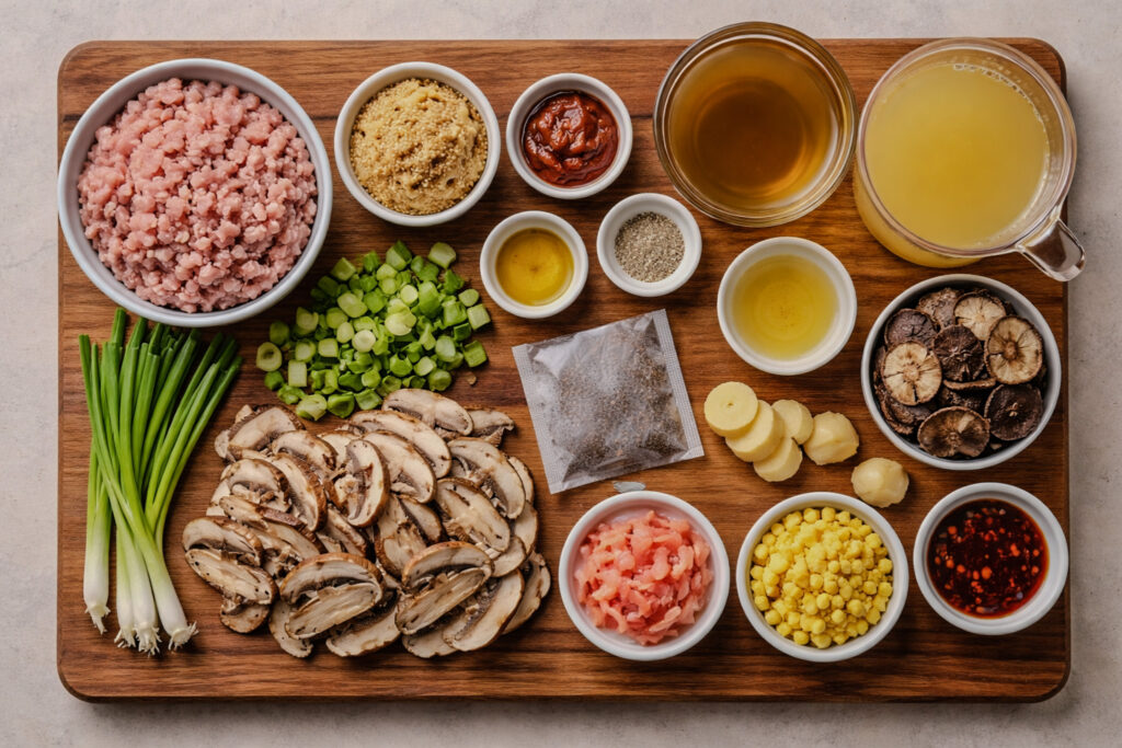 Top-down view of spicy miso ramen ingredients arranged on a wooden cutting board, including ground pork, miso, shiitake mushrooms, green onions, dashi, and chili paste.