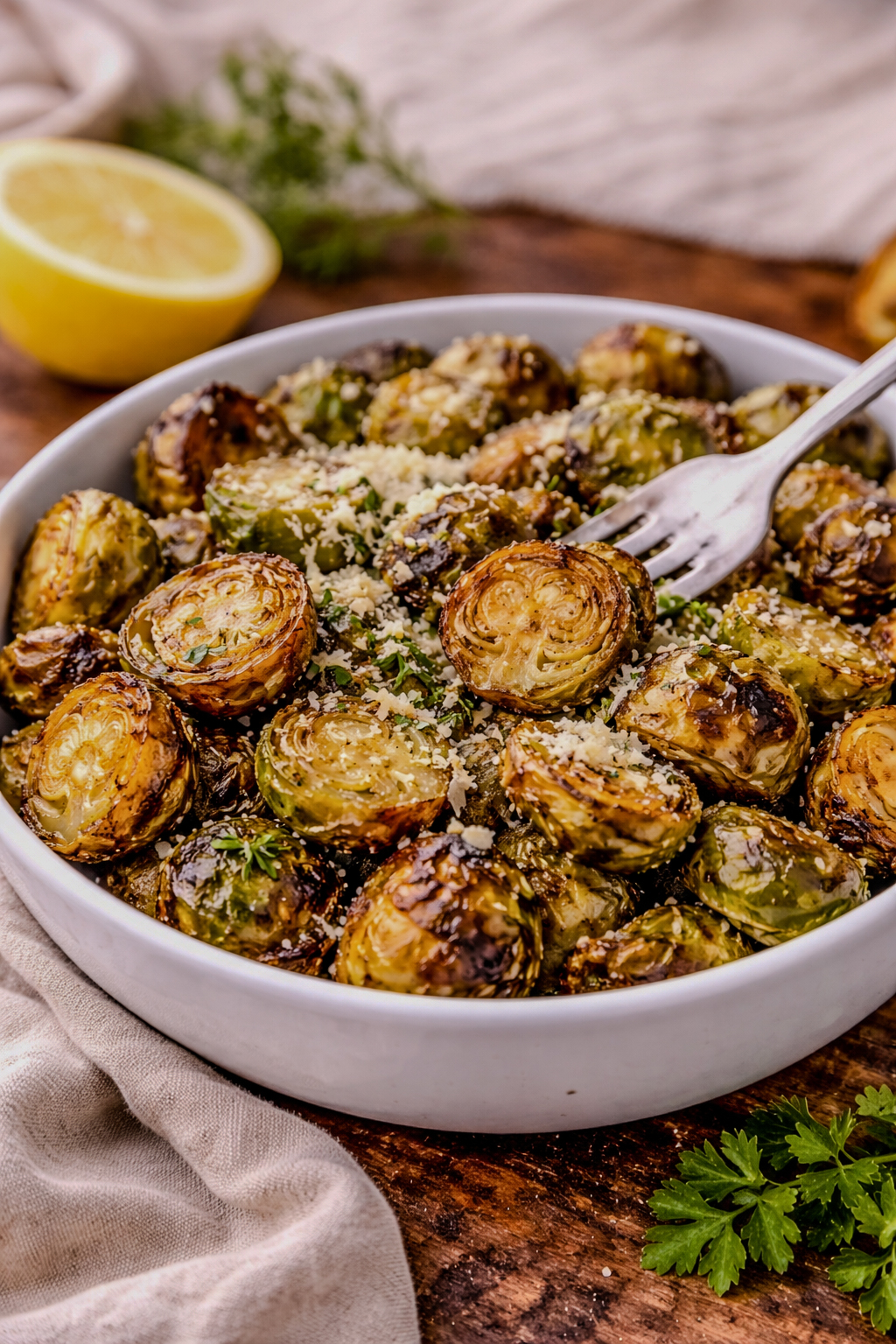 Crispy roasted Brussels sprouts in a white bowl topped with grated cheese and herbs, served with a lemon wedge on a wooden table.