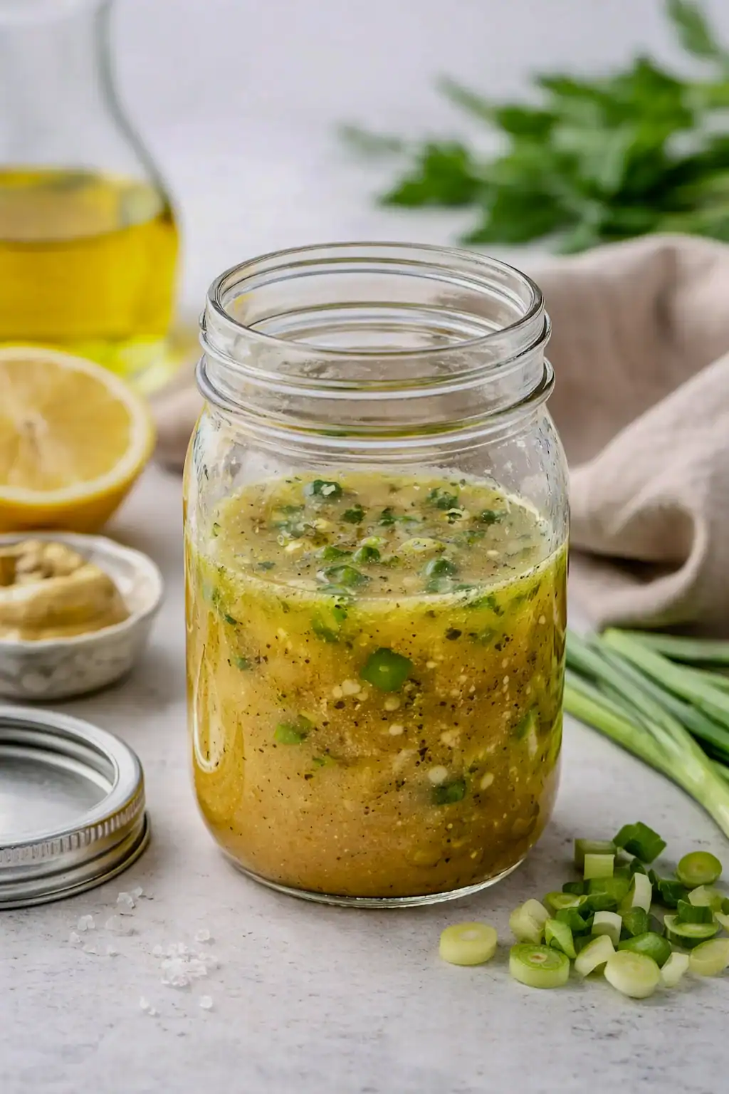 Rice vinegar Dijon dressing in a glass mason jar on a kitchen counter with chopped scallions, olive oil, and lemon nearby.