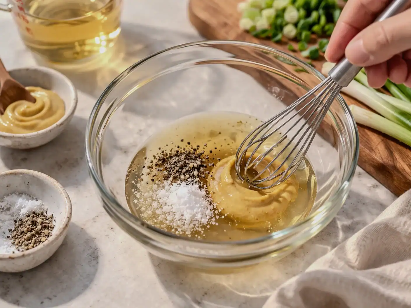 Rice vinegar, Dijon mustard, salt, and black pepper being whisked together in a glass bowl to form the base of a simple vinaigrette dressing.