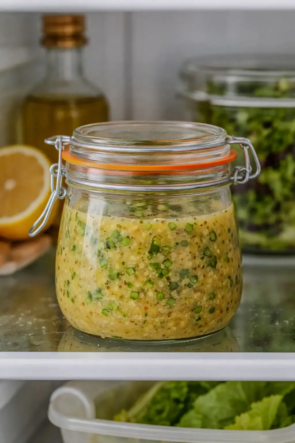 Glass jar of rice vinegar Dijon dressing stored on a refrigerator shelf with visible scallions and seasoning, surrounded by fresh ingredients.