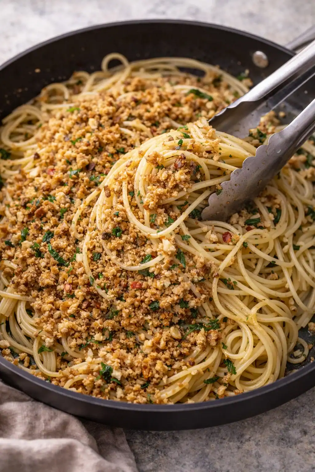 Spaghetti being tossed in a pan with anchovy oil and topped with walnut breadcrumb mixture using tongs.