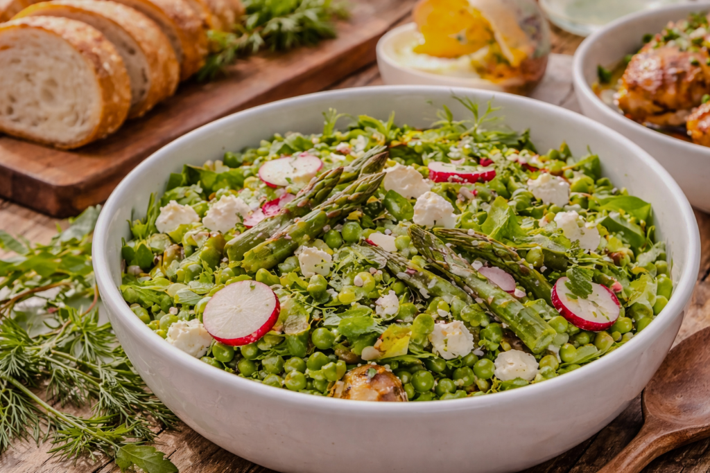 Spring recipe collection with fresh herbs, bright citrus dishes, light salads, and seasonal meals for warmer days.