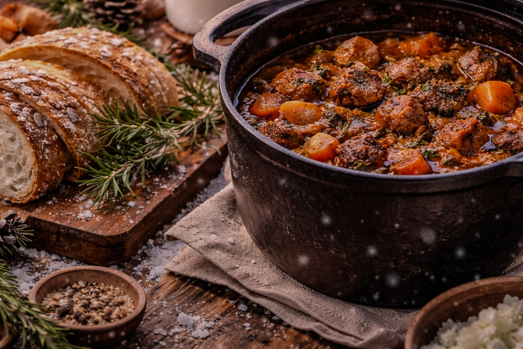 Winter comfort food collection featuring hearty soups, slow cooker meals, roasted dishes, and cozy dinners for cold nights.