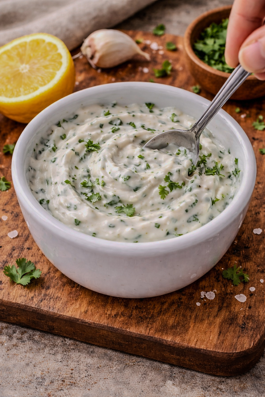Greek yogurt sauce being stirred in a white bowl, mixing lemon juice, garlic, cilantro, and salt into a creamy sauce.