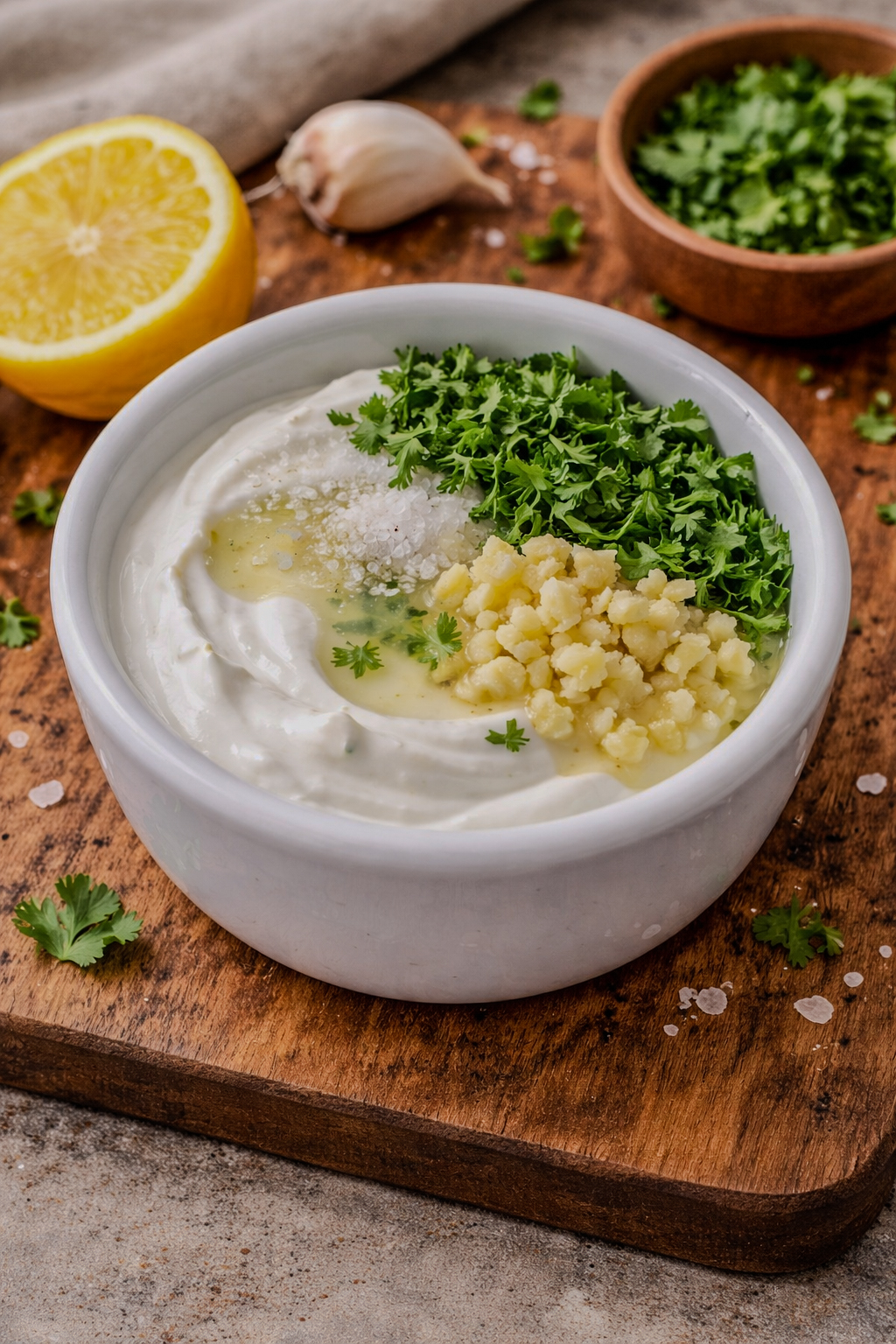 Greek yogurt in a small bowl with lemon juice, minced garlic, chopped cilantro, and kosher salt added on top before mixing.