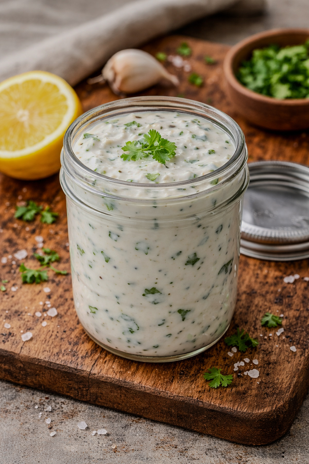 Creamy Greek yogurt sauce with lemon, garlic, and cilantro in a glass jar on a wooden board with fresh lemon and garlic nearby.