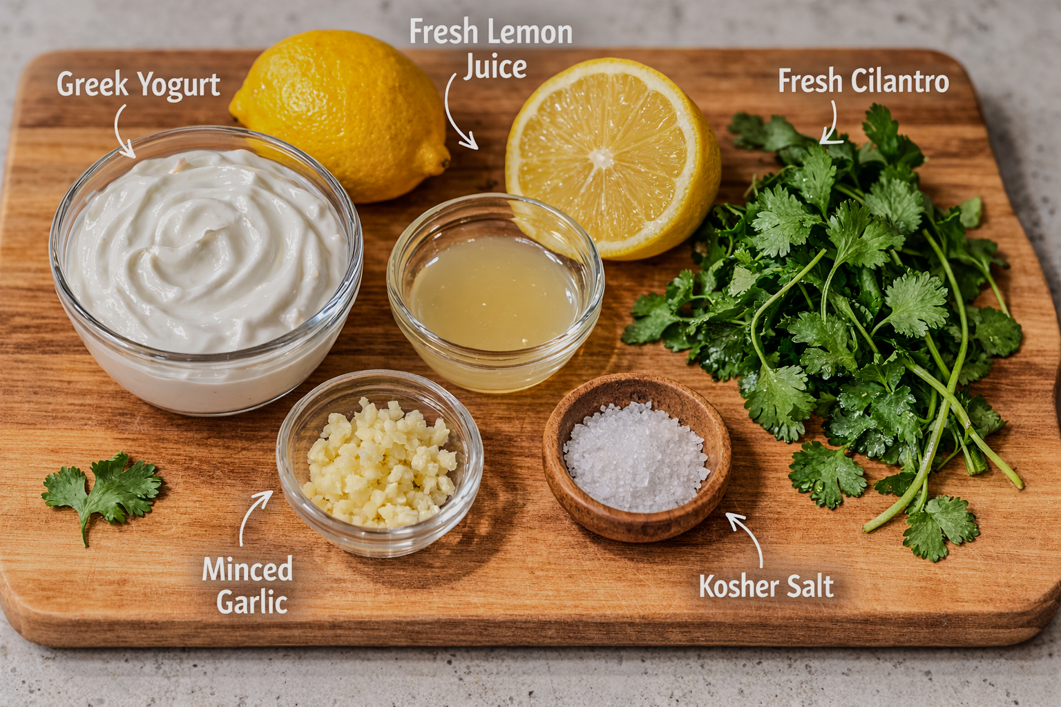Greek yogurt, lemon juice, minced garlic, fresh cilantro, and kosher salt arranged on a wooden cutting board as ingredients for yogurt sauce.