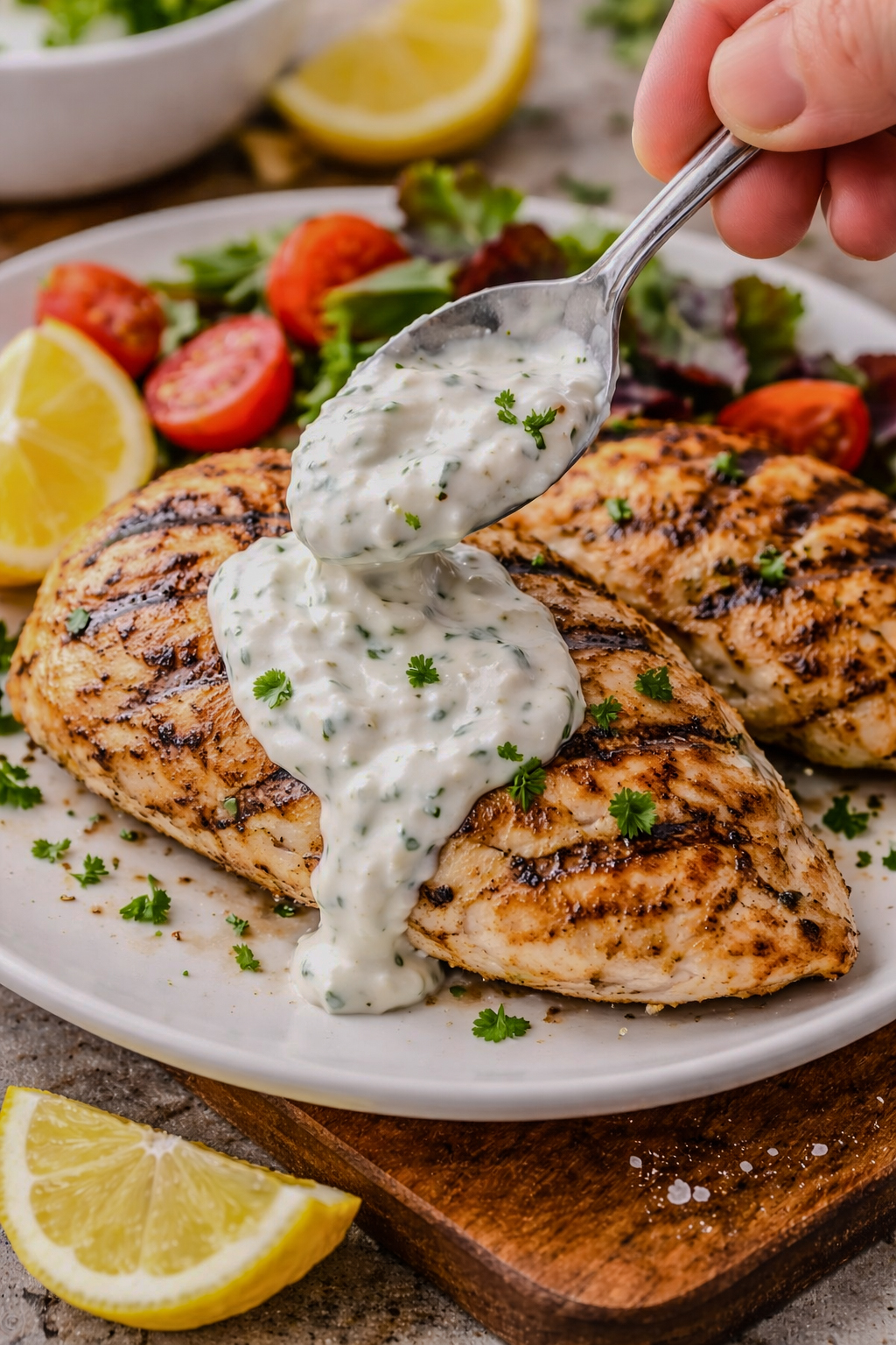 Spoon adding creamy yogurt sauce with herbs onto grilled chicken breasts on a plate.