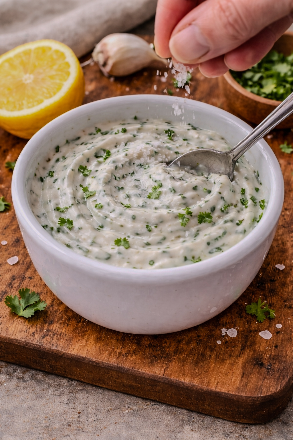 Hand sprinkling kosher salt into a bowl of creamy yogurt sauce with garlic, lemon, and cilantro.