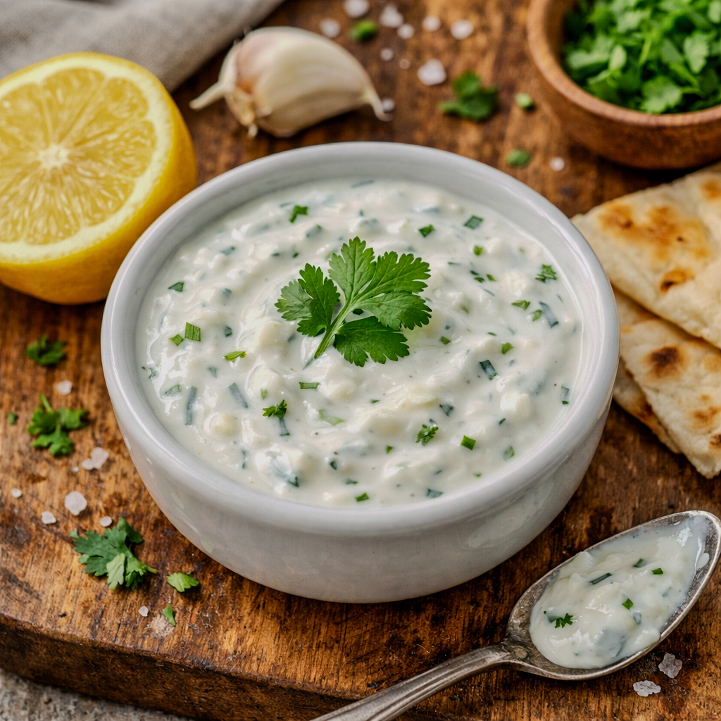 Creamy Greek yogurt sauce in a small white bowl, mixed with fresh cilantro and garlic, served on a wooden board with lemon, garlic, and warm flatbread.