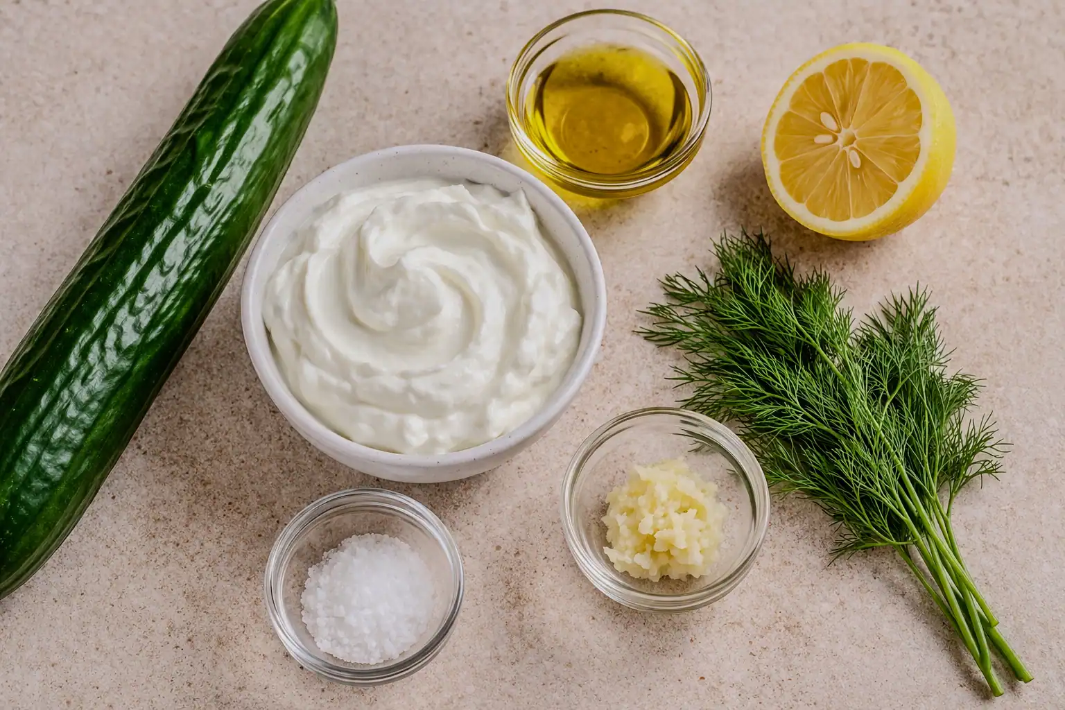 Top-down view of tzatziki ingredients on a light countertop, including Greek yogurt, cucumber, lemon slices, garlic, fresh dill, olive oil, and salt arranged neatly