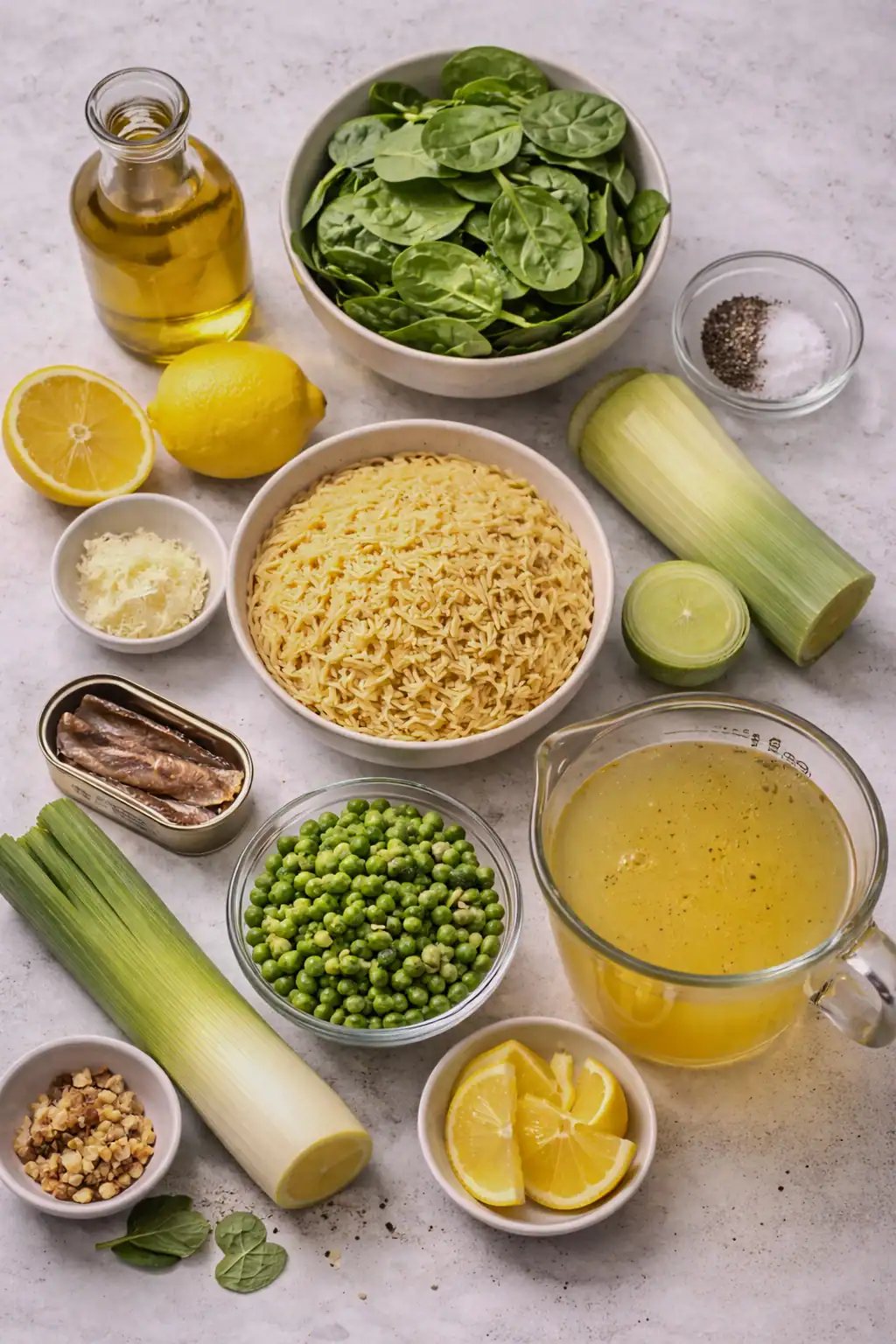 Ingredients for lemon orzo salad arranged on a kitchen counter, including orzo pasta, fresh spinach, peas, leeks, garlic, anchovies, olive oil, lemon, parmesan, and chicken stock in small bowls