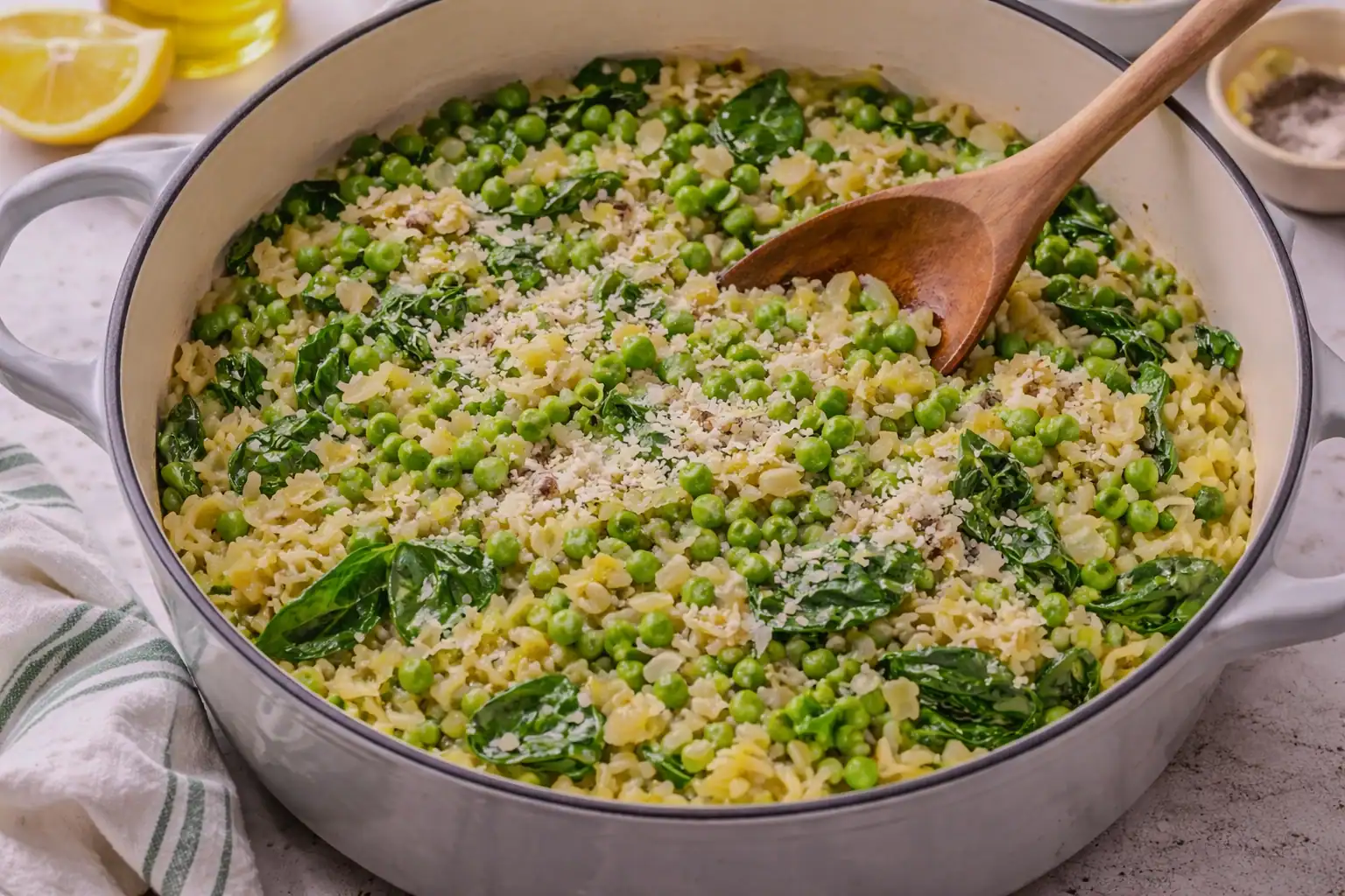 Orzo mixed with wilted spinach, peas, and grated parmesan in a Dutch oven, being stirred with a wooden spoon and finished with fresh lemon