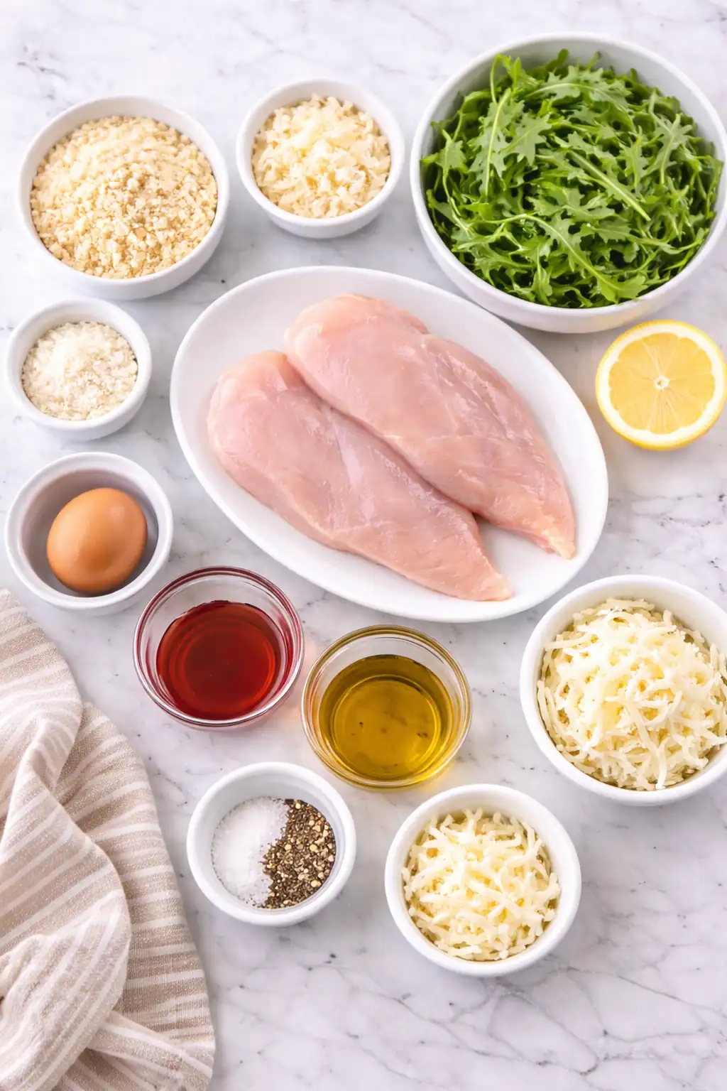 Ingredients for light chicken parmesan arranged on a counter including raw chicken breasts, panko breadcrumbs, parmesan, mozzarella, arugula, egg, olive oil, vinegar, salt, and pepper