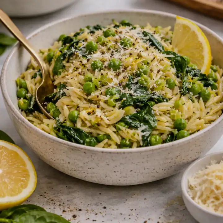 Lemon orzo salad with peas, spinach, and parmesan in a bowl