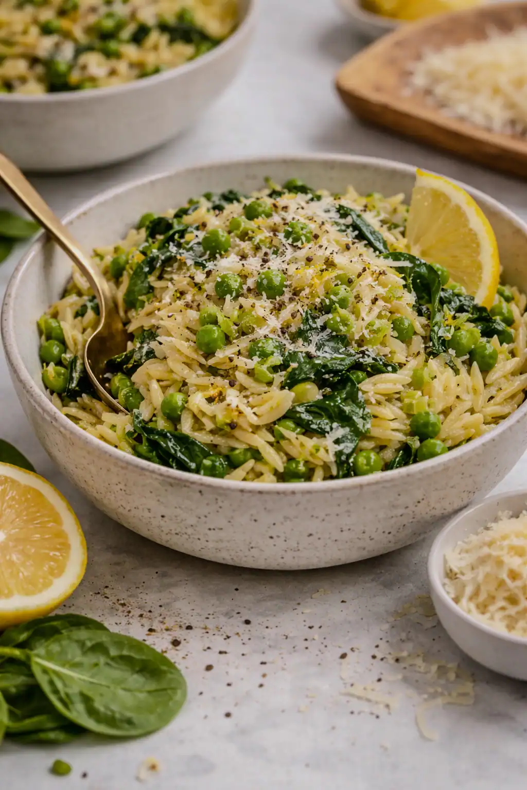 Lemon orzo salad with peas, spinach, and parmesan in a bowl