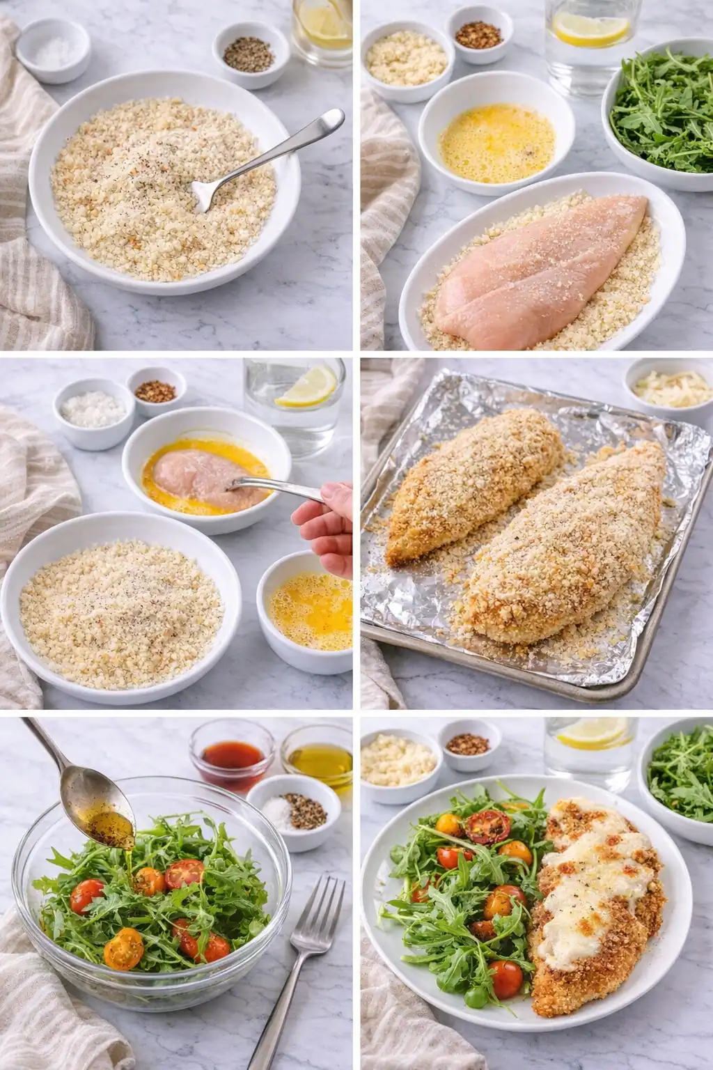 Step-by-step preparation of light chicken parmesan showing mixing breadcrumbs, coating chicken, baking, adding mozzarella, tossing arugula salad, and serving plated dish