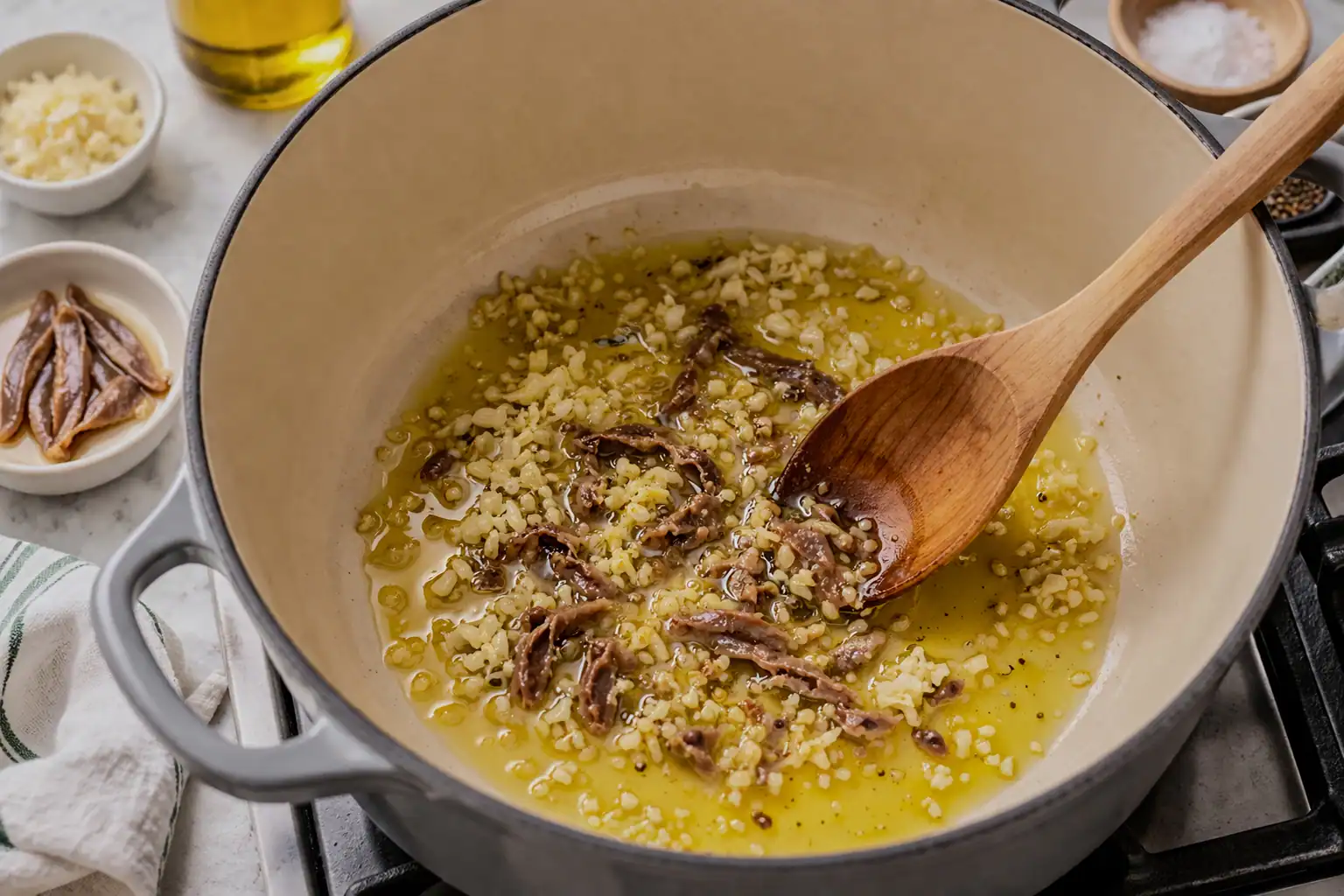 Garlic and anchovies cooking in olive oil in a Dutch oven, gently sizzling as they melt into a rich, flavorful base